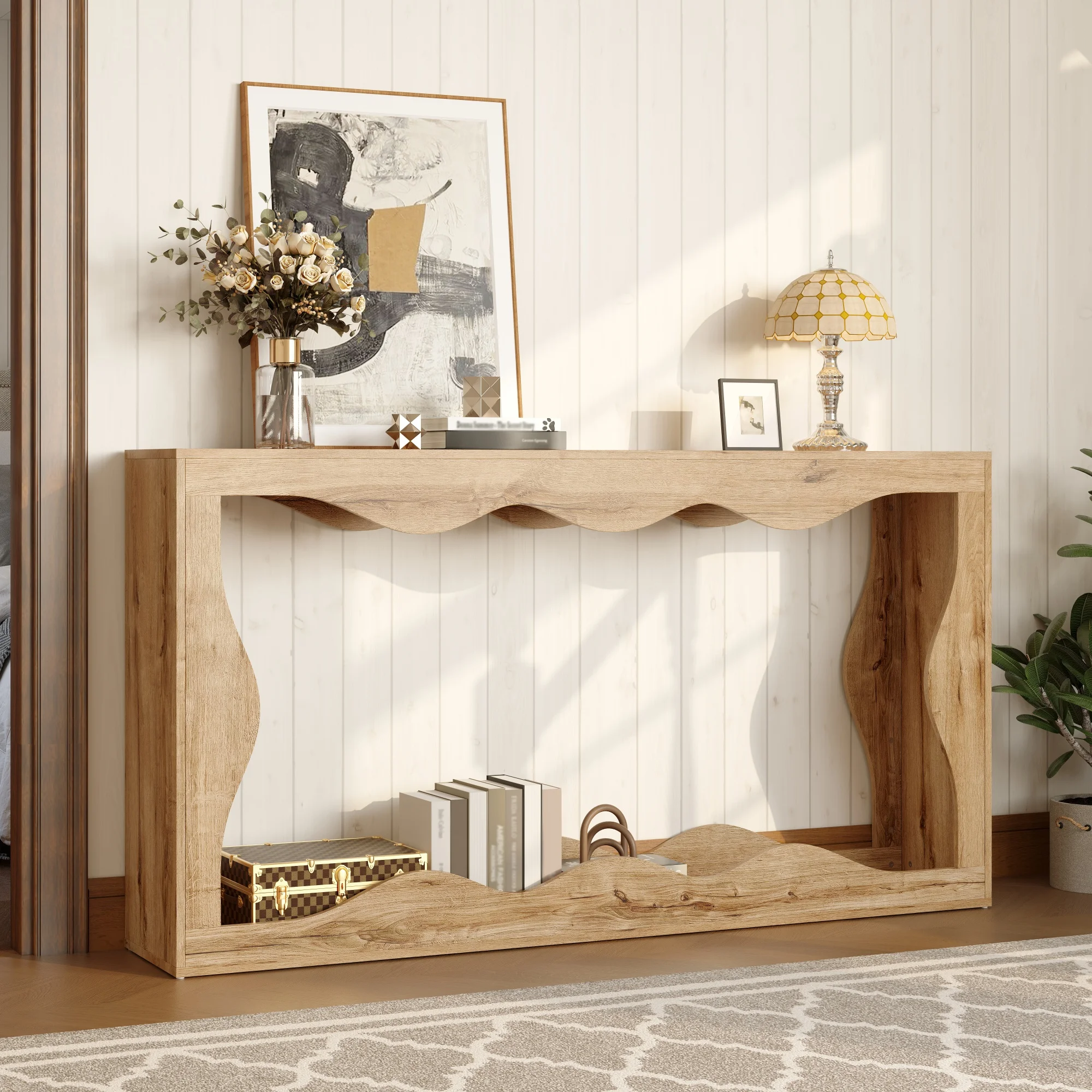 Mesa consola con borde ondulado, estante de 2 niveles, mesa larga con aspecto de madera, mesa decorativa para sala de estar, estante para pasillo, diseño con borde natural