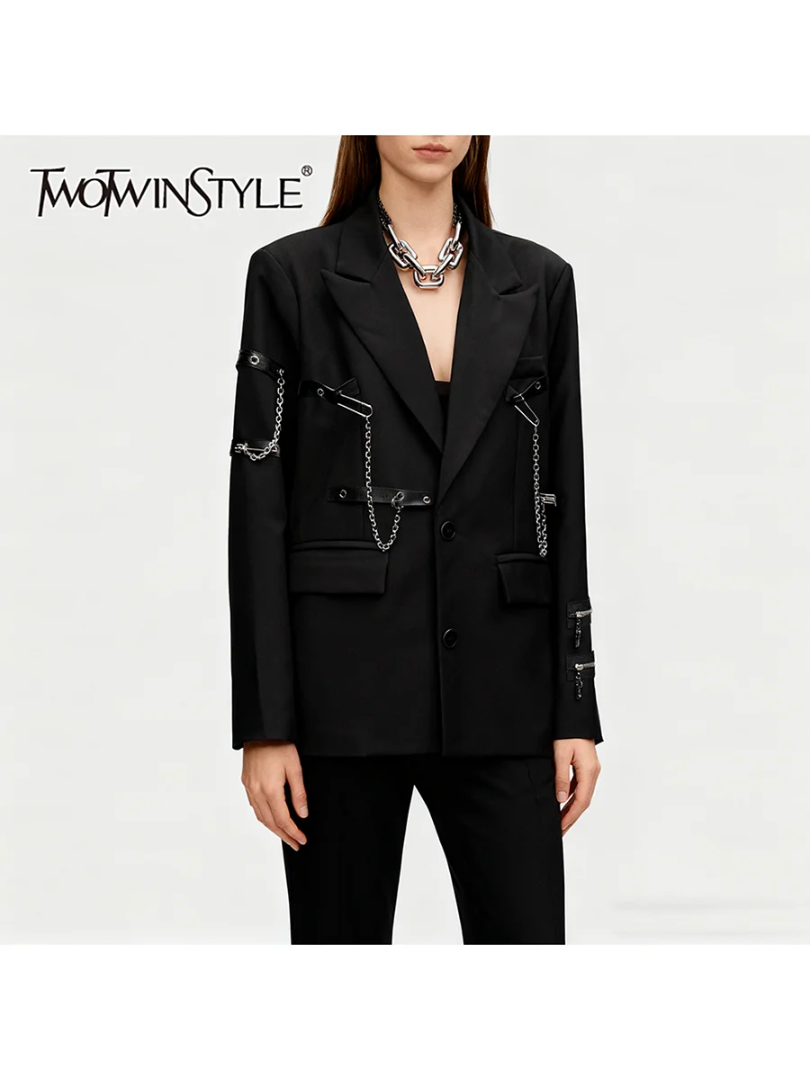 

TWOTWINSTYLE однотонные дизайнерские пиджаки с цепочками для женщин, лоскутные блейзеры с лацканами и длинными рукавами на молнии, модный женский пиджак, новый