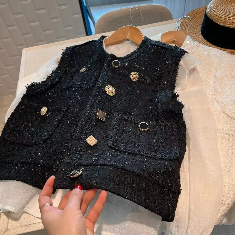 Vintage Black Tweed Tassel Vest Women Roupas Femininas Autumn Winter Top Waistcoat Lady Ropa Jacket Chalecos Mujer Coat