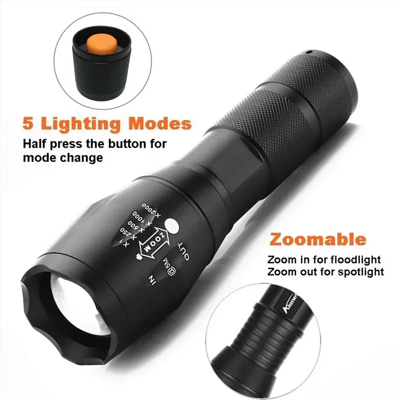 High Power Led Flashlights Camping Torch 5 Lighting Modes Aluminum Alloy Zoomable Light Waterproof Material Use 3 AAA Batteries