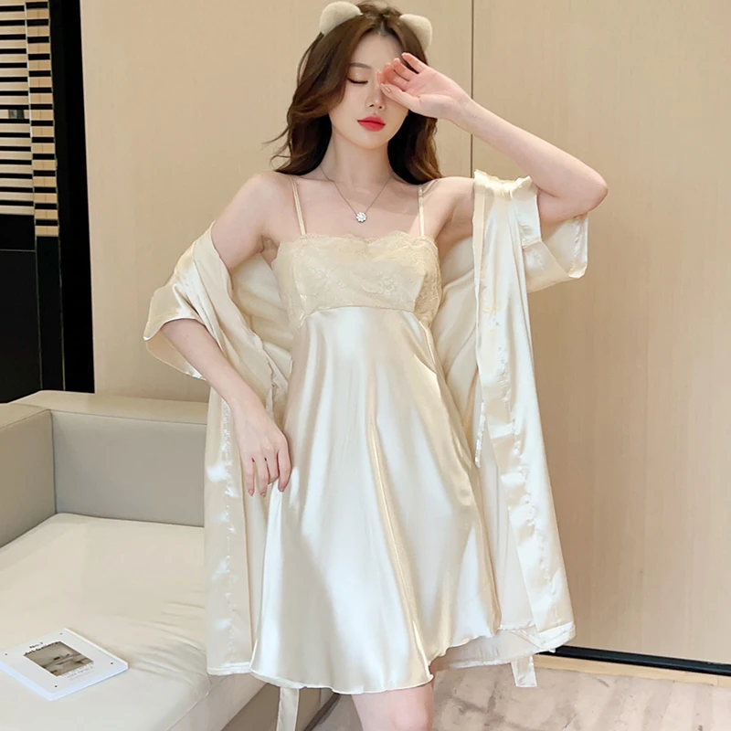 2PCS Silk Satin Sexy Lace Lingerie Nightgowns Robes Sets For Women Korean Cute Sleepwear Suit Nightdress Night Dress Home Nighty