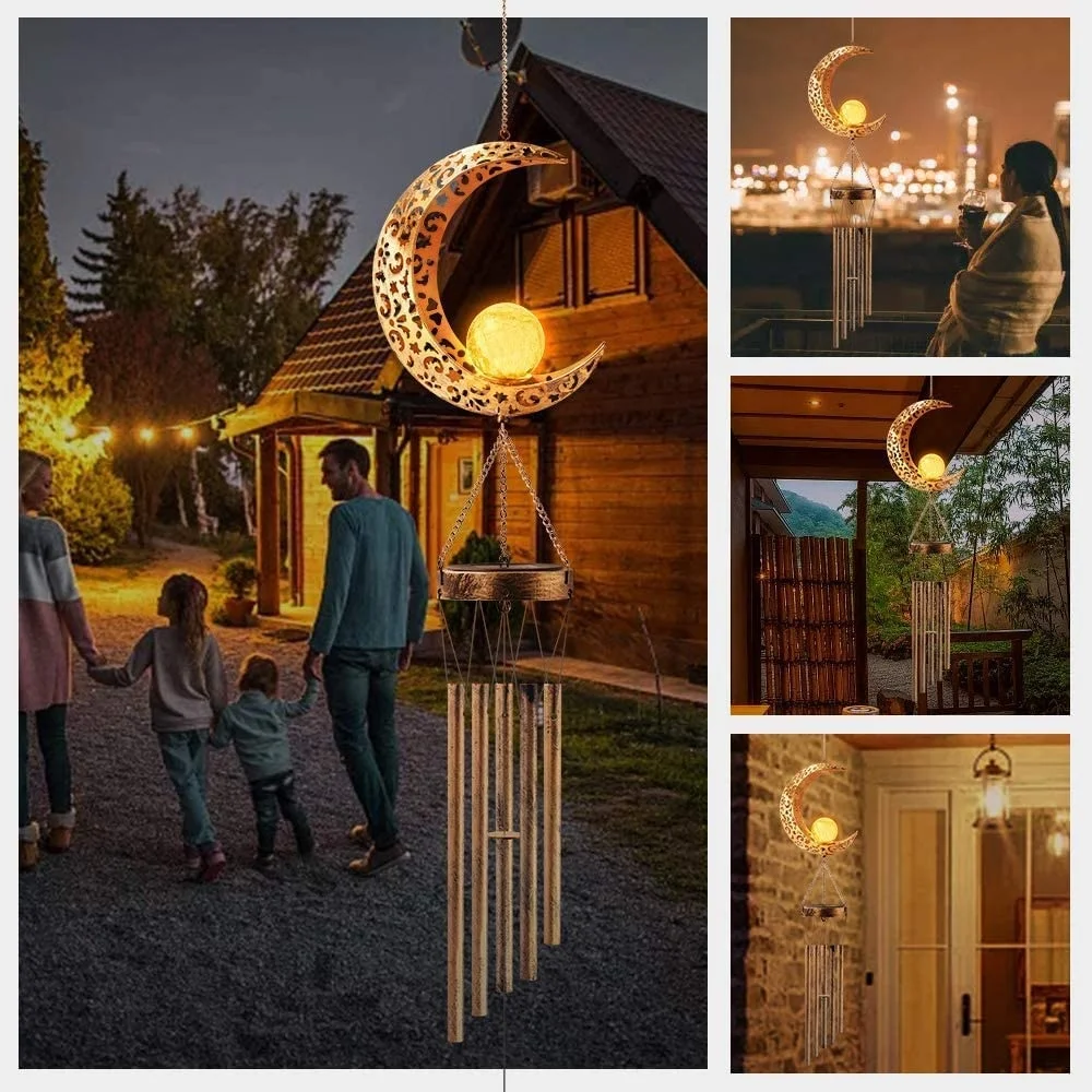 Moon Solar Wind Chimes for Outside, Ramadan Decoration Mobile LED lantern light for Muslim islamic art