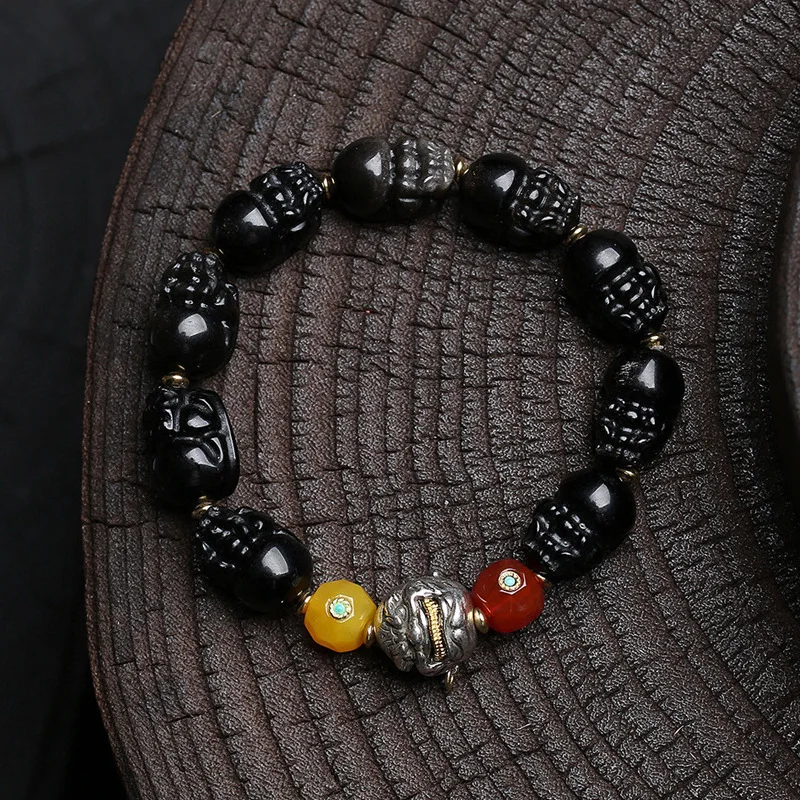 

Natural obsidian carved bravery bracelet single circle men's fortune Tibetan agate no-phase Buddhaaccessories bracelet jewellery