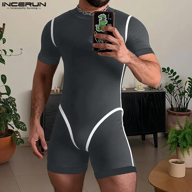 INCERUN الرجال داخلية المرقعة س الرقبة قصيرة أكمام تمتد الذكور Playsuits السروال القصير تجريب الشارع الشهير 2025 ارتداءها S-3XL