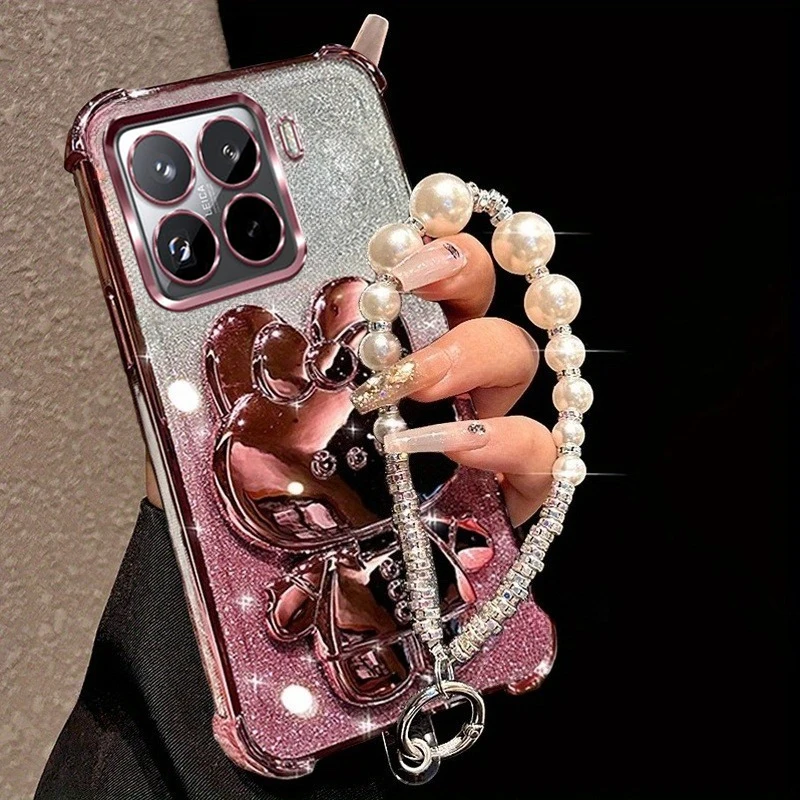 Étui de téléphone avec support miroir en forme de lapin en perles pour Xiaomi 15T Pro 14T 13T 12T 11 Lite 12 17 Pro Max, coque souple antichoc scintillante