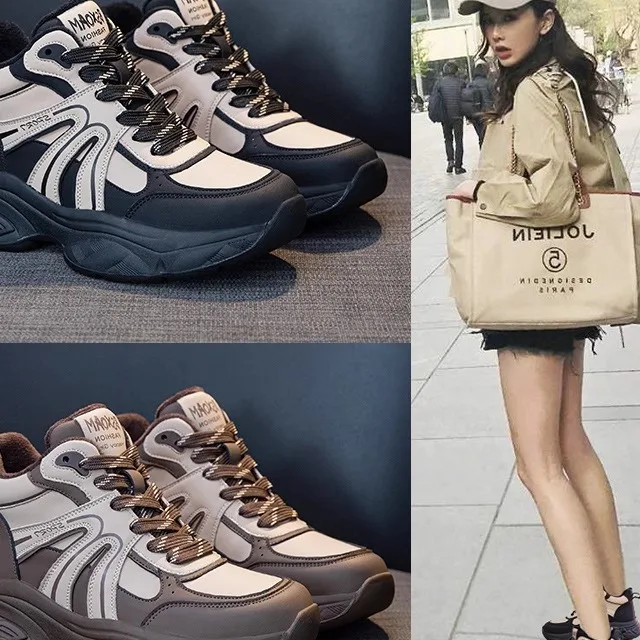 

Leather High Top Women's Casual Shoes Thick Bottom Fleece Lined Dad Sneakers Slip on round Toe Anti-Slip Rubber Outsole