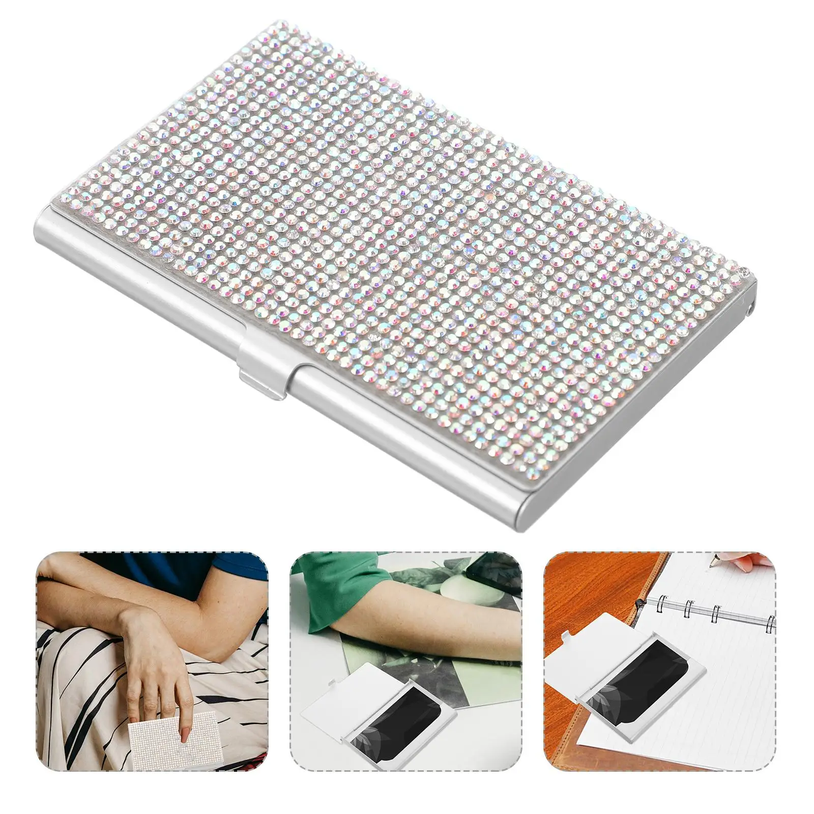 Rhinestone Business Card Holder Silver Metal Compact Cards Container Water Resistant Large Capacity for Commercial