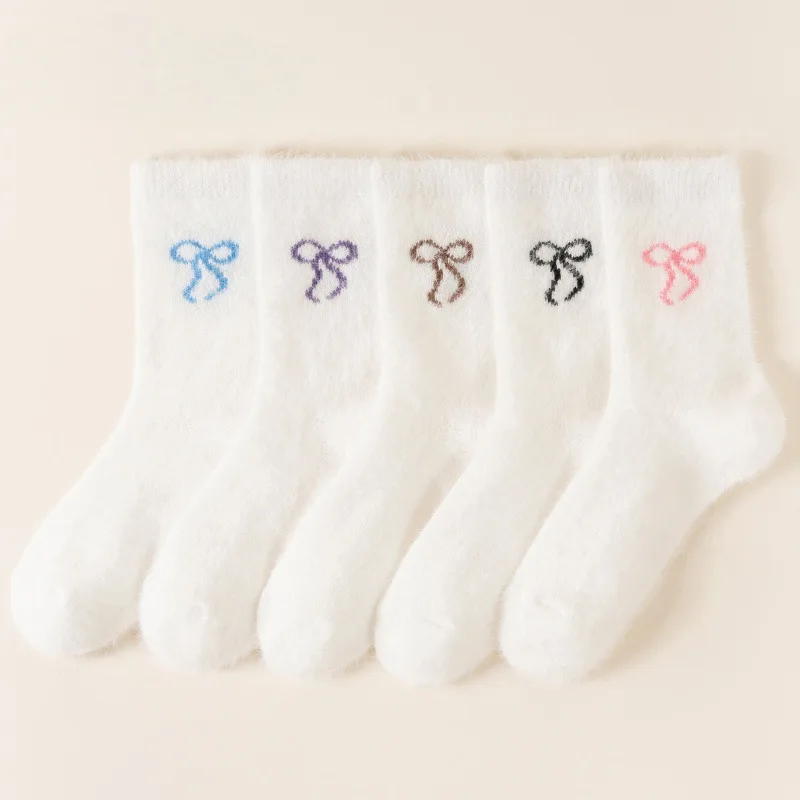 Damskie skarpety jesienno-zimowe, grube, z aksamitu norek, z kokardą, ciepłe skarpety zimowe.