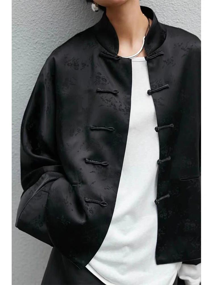 

Elegant Black Chinese Style Women's Jacket Collar Button up New Middle Age Fashion Straight Tube Long Sleeve Pure Color