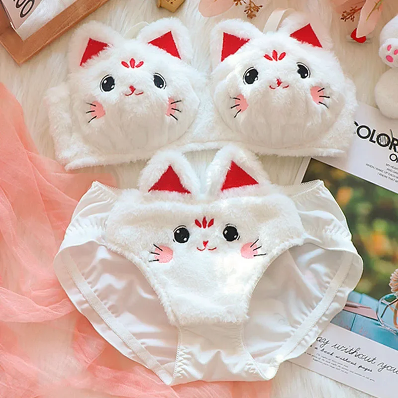 اليابان Kawaii أفخم النساء الصدرية ملخصات لطيف فتاة القط الأرنب مريحة الصدرية مجموعة الكرتون الملابس الداخلية جميلة لينة الدافئة طالب الملابس الداخلية #1