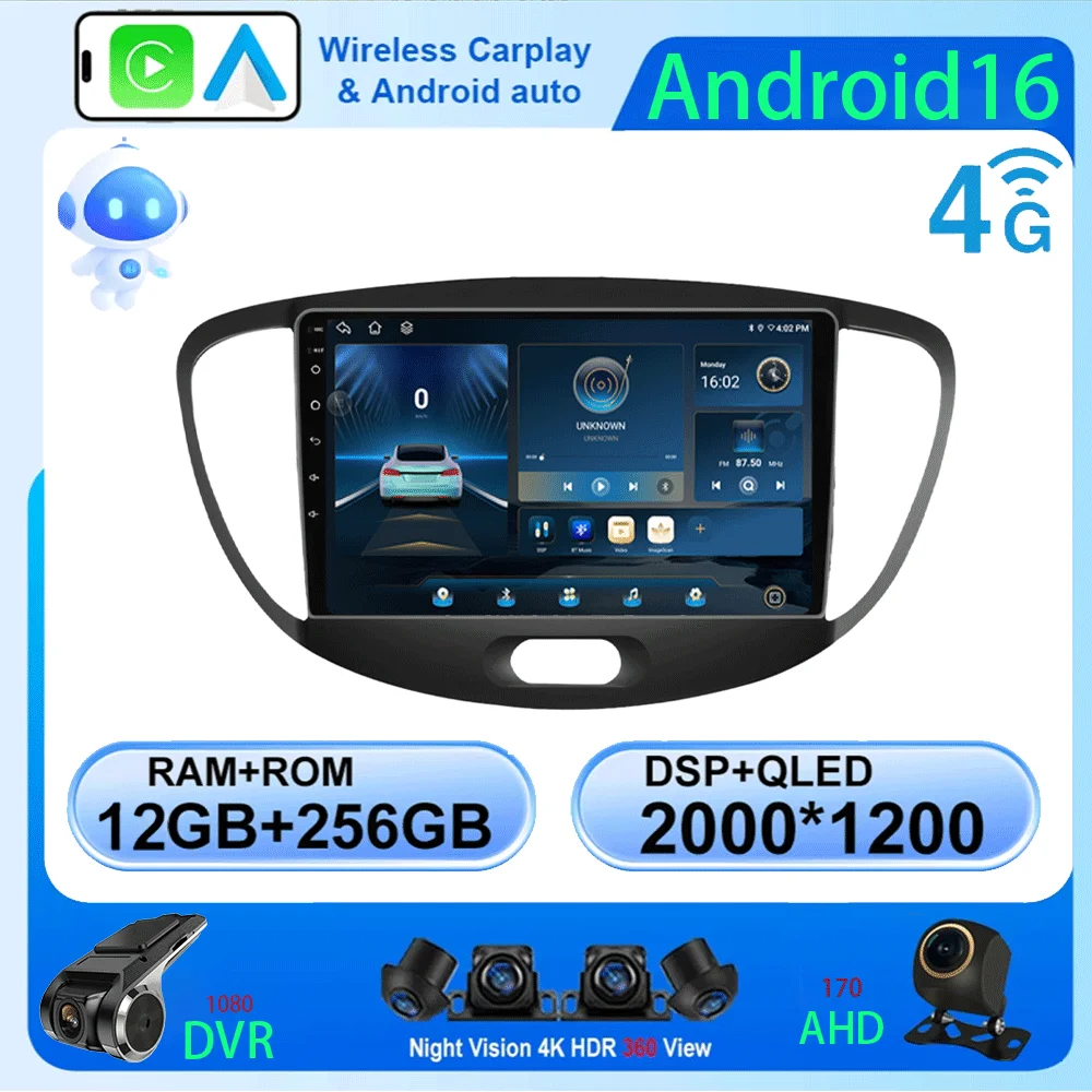 

Android 16 Carplay Auto Car Radio For Hyundai I10 2007 - 2013 CarPlay Auto GPS Recorder Multimedia video Player 4G+WiFi DSP