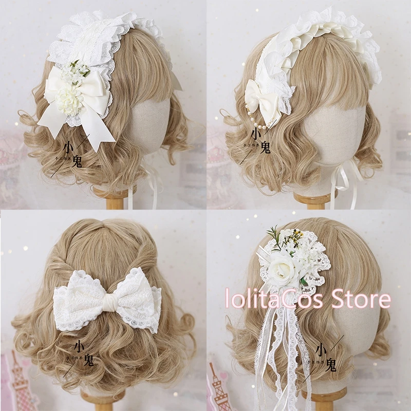 Flower Wedding Cosplay White Lolita Princess Hair Clip Headband Hair Accessories Sweet Girl Lace Bow Hairpin Side clip Headdress