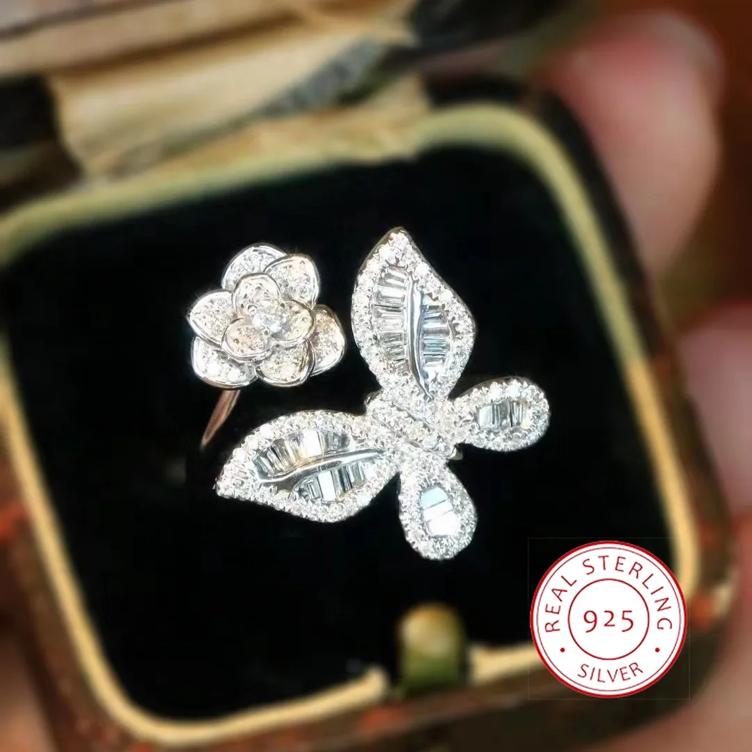 925 Silver Exquisite White Zircon Fantasy Double Butterfly Ring Feminine Party Birthday Wedding BFF Gift