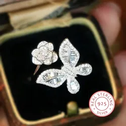 925 Silver Exquisite White Zircon Fantasy Double Butterfly Ring Feminine Party Birthday Wedding BFF Gift