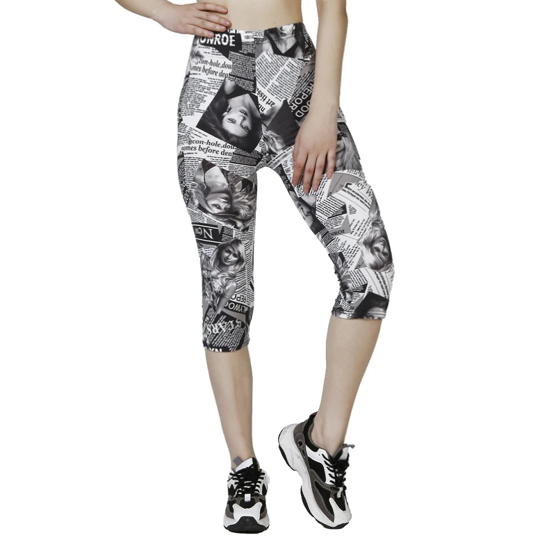 QR39 Summer Newspaper Printed Capris Soft and Elastic Casual Capris Sports Yoga WOMEN\'S Fitness Leggings