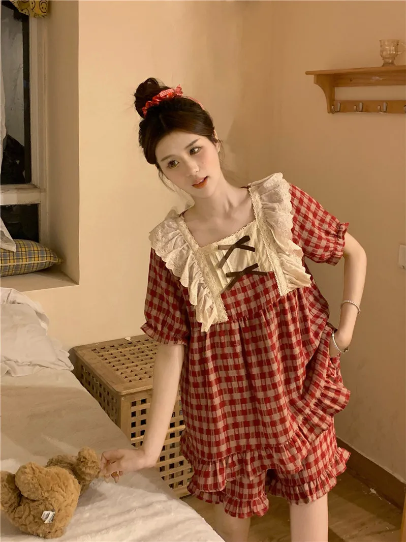 

Summer Sweet Princess Style Women's Short Sleeve Sleepwear Home Clothes Plaid Two-Piece Set Suitable for Outdoor Wear