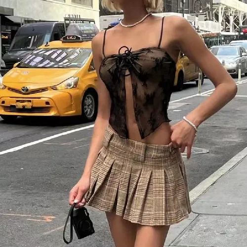 Imagen 2 del producto Minifalda plisada de Tweed para mujer, Falda corta de cintura baja con dobladillo fruncido y cremallera lateral, 2024