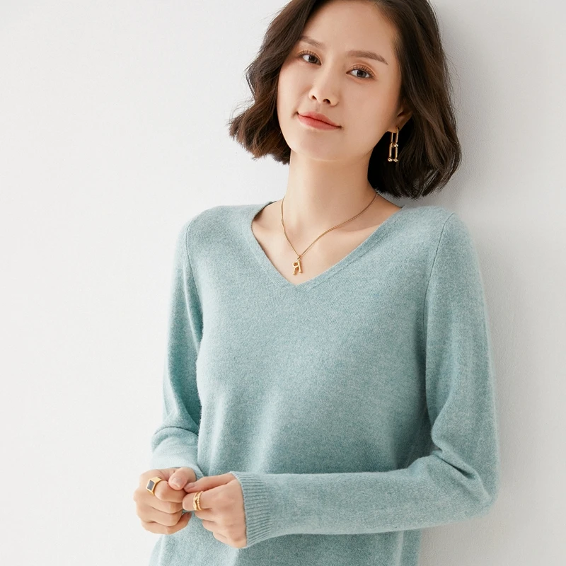 Off-Season Big Sale Autumn And Winter Women\'s 100% Pure Wool V-Neck Loose Pullover Sweater Basic Style All-Match Knitted Sweater