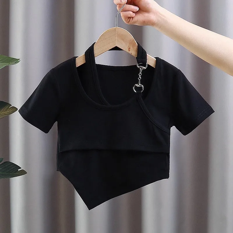 RAISE Junior Girls Short Sleeve T-Shirt Summer Irregular Hem Crop Top for 3-12Y Girls Children Cool Trendy Young Teens Girls Tee