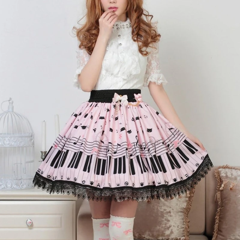 2025 Pink Polyester Lace Piano Keybord Printed Lolita Skirt Women Dress