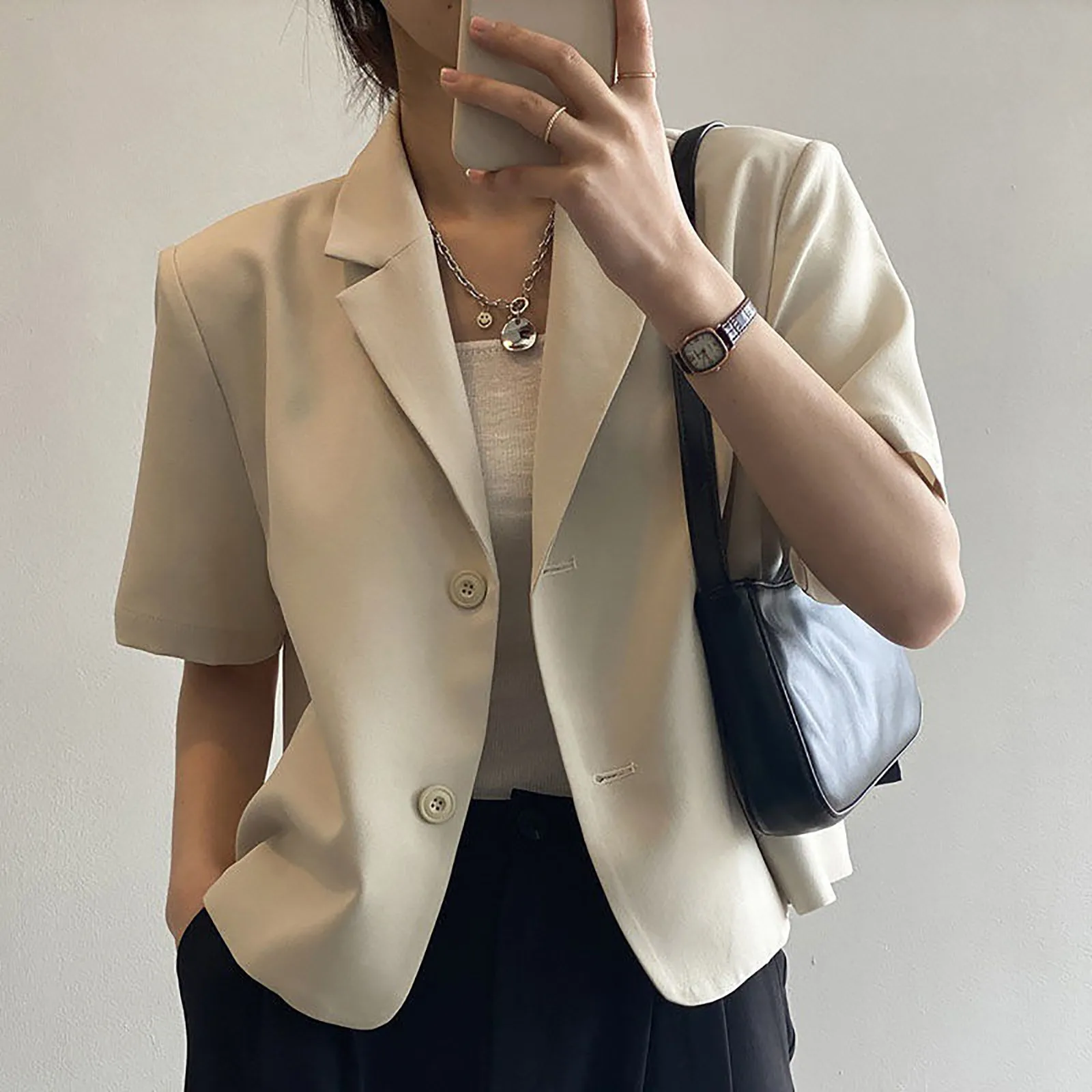 Summer Thin Short Sleeve Suit Jacket Women Fashion Loose Single Breasted Lapel Tops Y2K Solid Office Lady All Match Coats