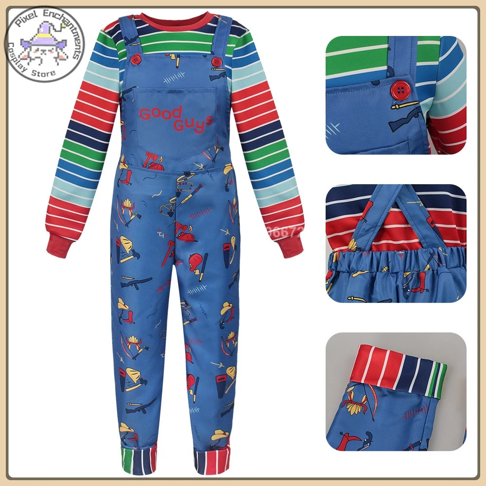 

Костюм для косплея Чаки: платье с короткими рукавами + регулируемые подтяжки, полный комплект, высококачественный костюм для косплея (для детей/взрослых/мужчин/женщин)