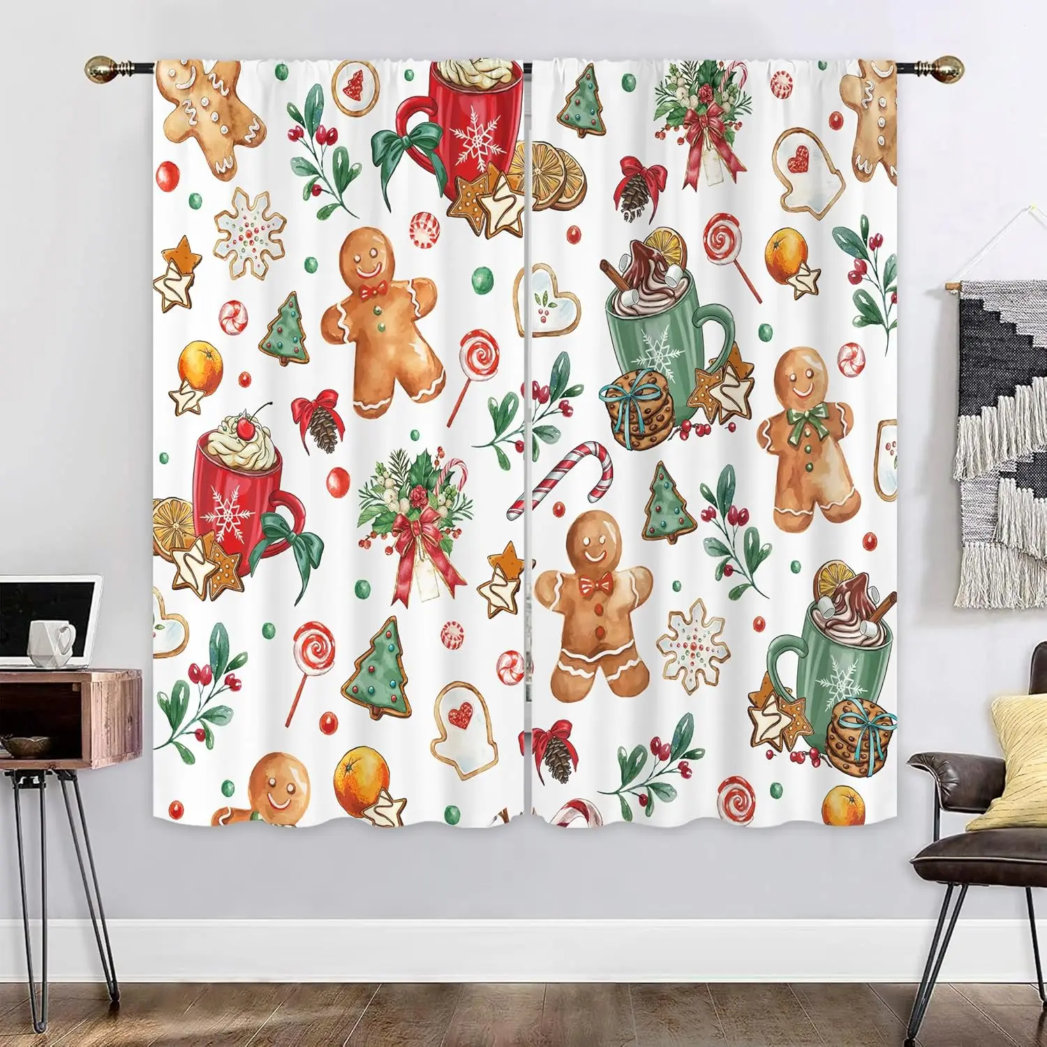 Christmas Curtains for Bedroom Rod Pocket Gingerbread Man Snowflake Candy Cap Pine Leaves Tree Gloves Bow Star Cookies Winter
