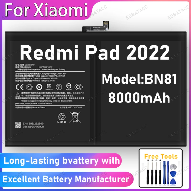 100% New 8000mAh BN81 Battery For Xiaomi Redmi Pad 2022 batteries+Free Tools