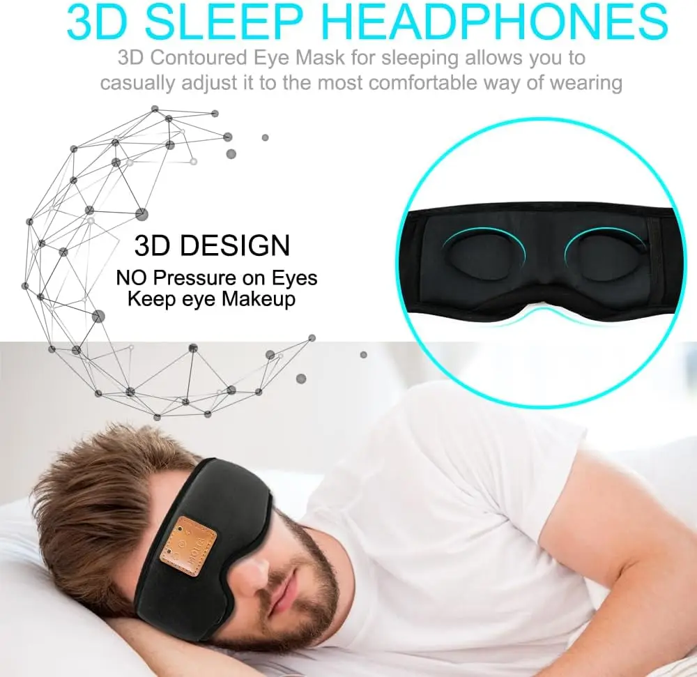 3D Sleeping Eye Mask with Built-in Sponge Speakers, Wireless Bluetooth Headphones Sleep Mask for Sleeping, Napping, Travelling