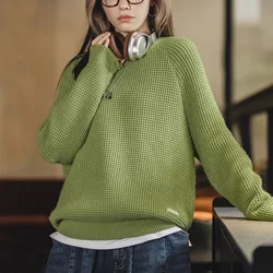 Maden Women’s Knitted Sweater Pineapple Texture Loose Thickened Pullover Knitwear Raglan Sleeve Green Autumn Winter Tops