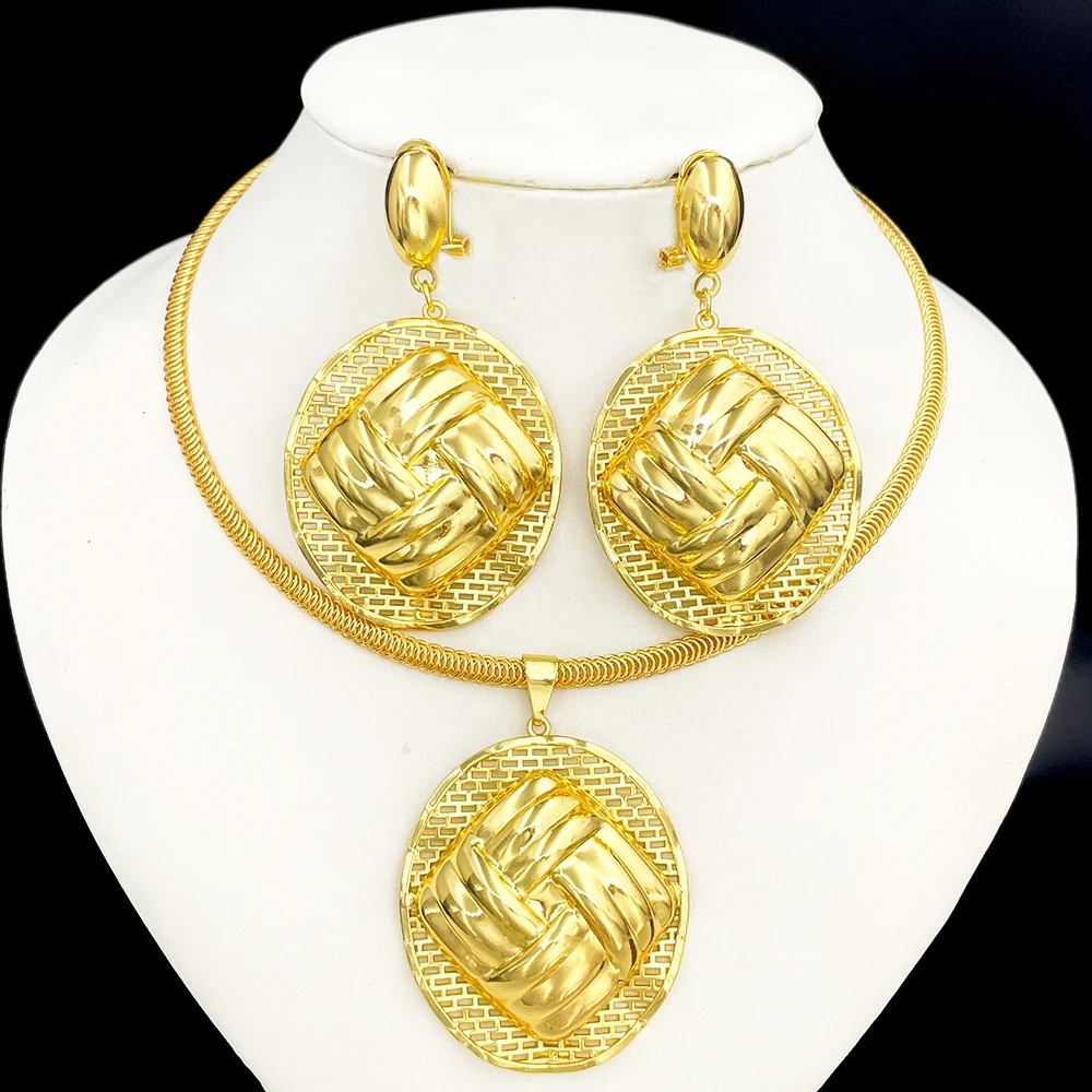 

YTJX Gold Braided Texture Large Pendant Necklace Earring Set Exaggerated Geometric Jewelry Women's Banquet and Party Accessorie