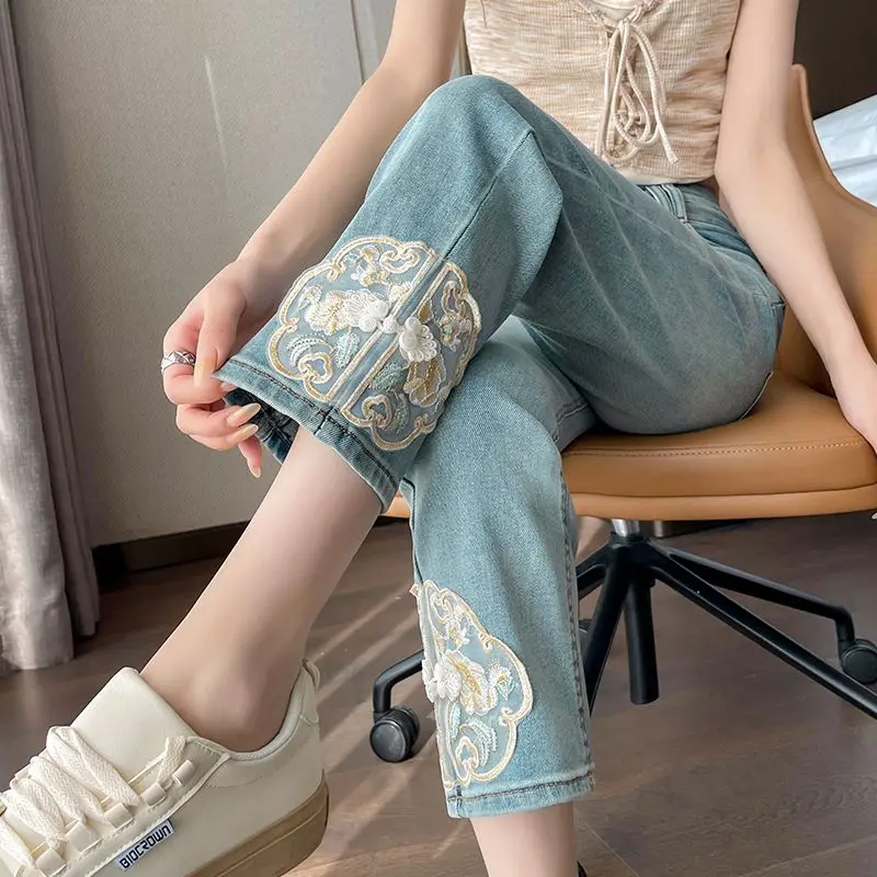 

Oriental Ethnic Embroidery Denim Pants Women High Waist Straight Crop Jeans Loose Fit Streetwear Spring Autumn New Arrival