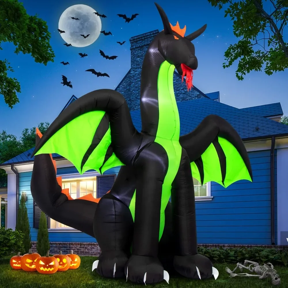 Halloween Inflatables 9FT Giant Inflatable Dragon Halloween Decorations with Wings, Built-in LEDs Halloween Blow Up Yard