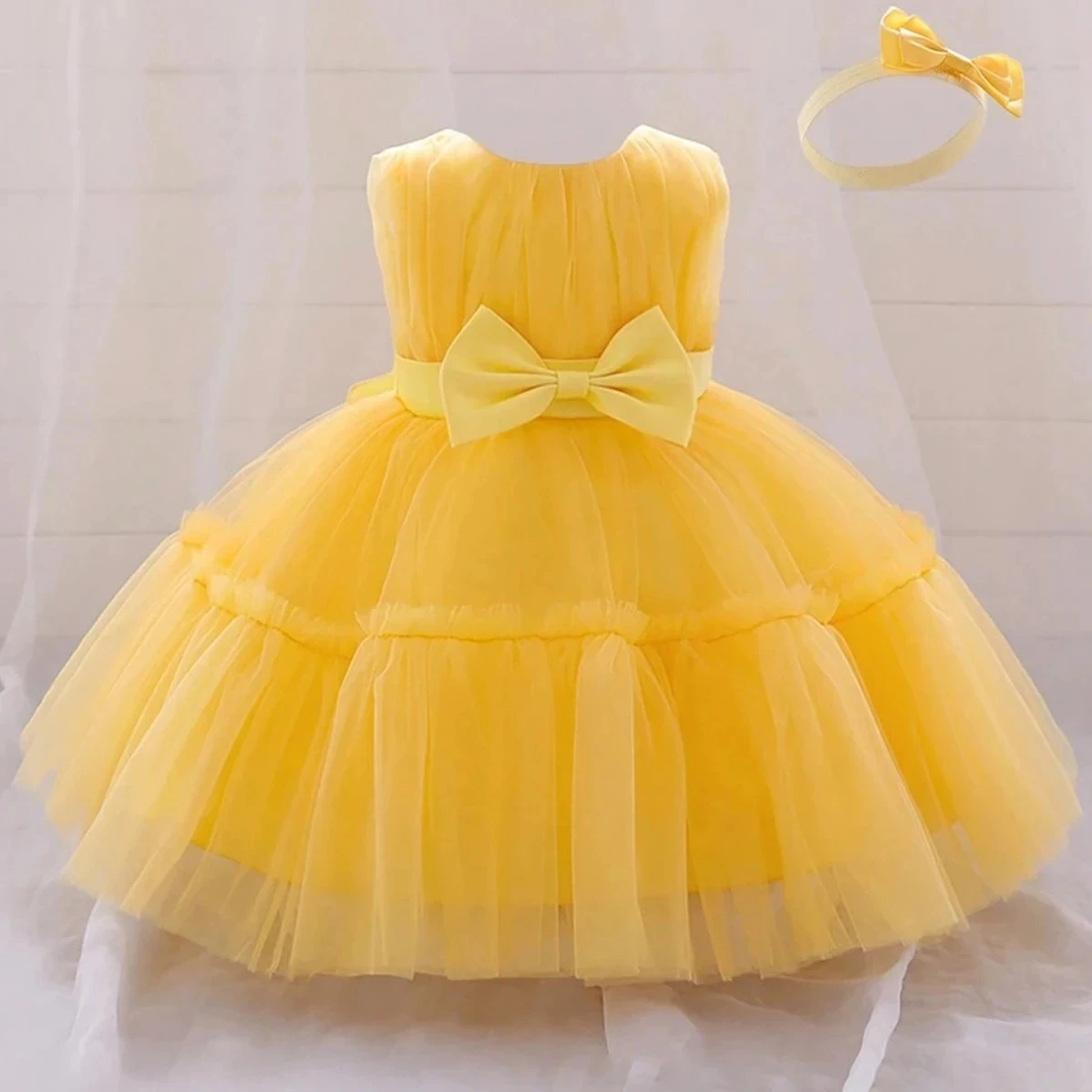 Fluffy Baby Bow Baptism Party Dresses For Girl Toddler Lace 1st Birthday Wedding Princess Evening Dress Pink Bridemaid Prom Gown