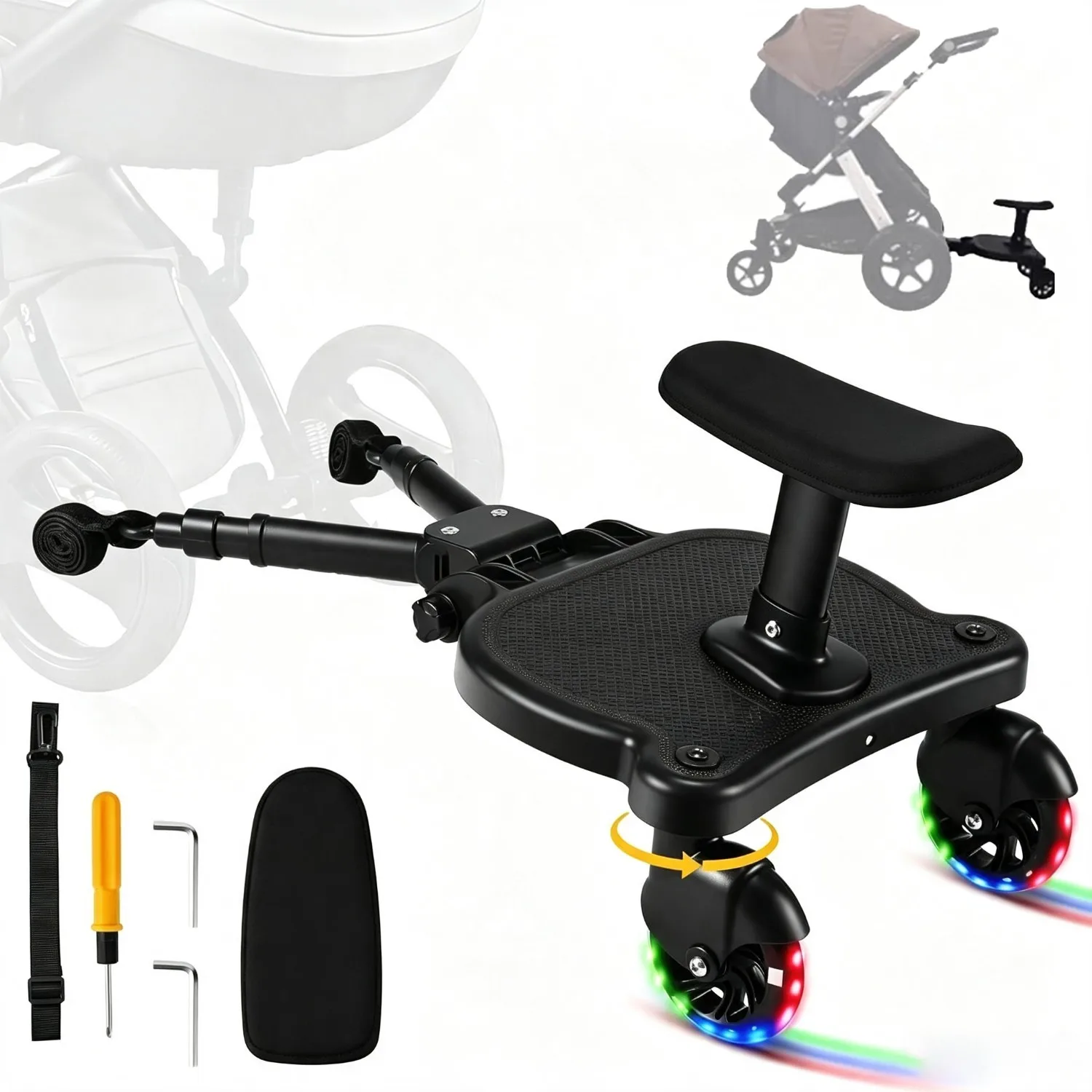 Image of Universelles Kinderwagen-Board mit Sitz, Buggy-Board-Adapter, Outdoor-Kiddy-Board mit LED-Rädern, Tragkraft 55 lbs für Kinder