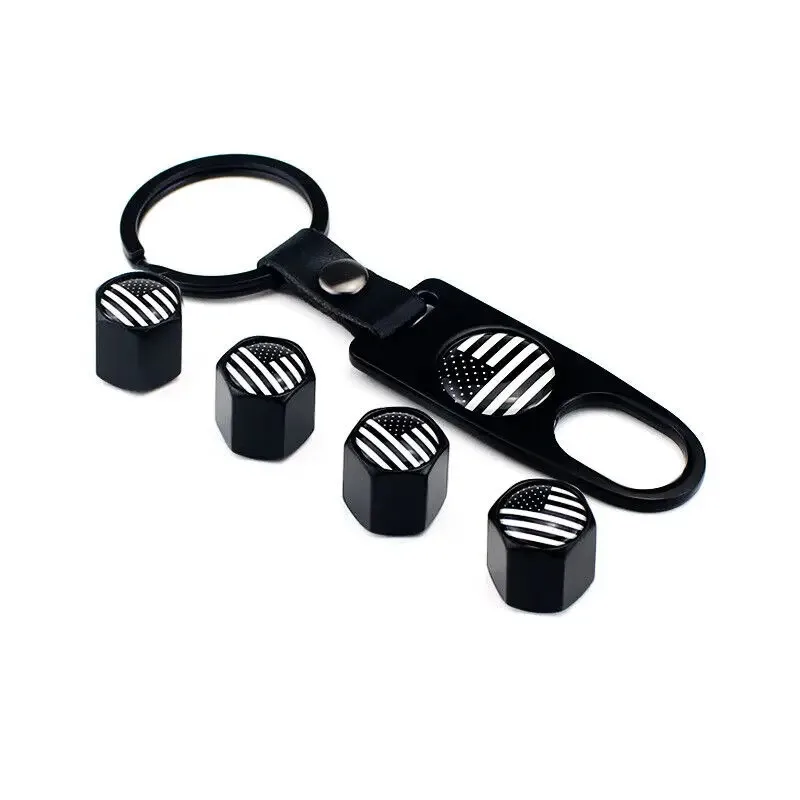 

One Set (5pcs) White Black Metal USA American Flag Tire Air Valve Stem Caps Car Accessories Key Ring KeyChain