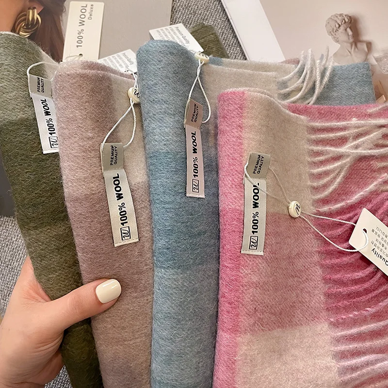 Scarf Pure Australian Wool Check Pattern Winter Thick Warm Student Korean Style Versatile Neck Scarf for Women Daily