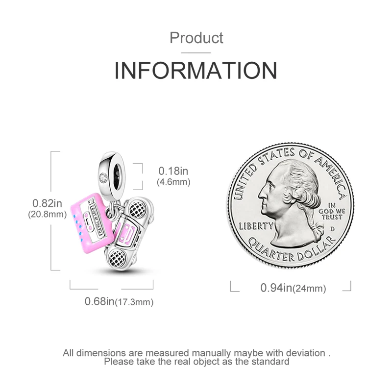 المبيعات الساخنة 925 فضة سحر الخرز المعلقات الوردي راديو كاسيت أشرطة الخرز صالح الأصلي سوار سحر النساء المجوهرات