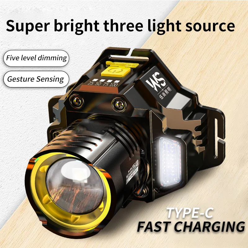 Sensor Headlamp LED Head Flashlight Powerful COB Headlight Head Torch Built-in Battery USB Rechargeable Fishing Camping Lantern