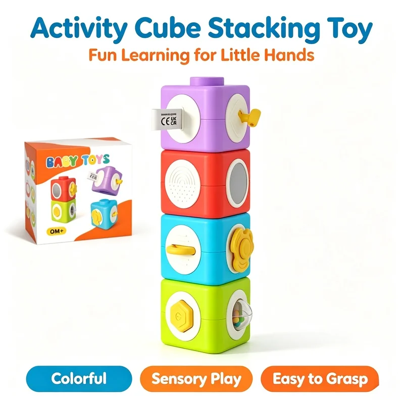 Busy Stackable Activity Cubes Montessori Toy, Multifunctional Sensory Stacking Blocks, Fine Motor Skill Developmental