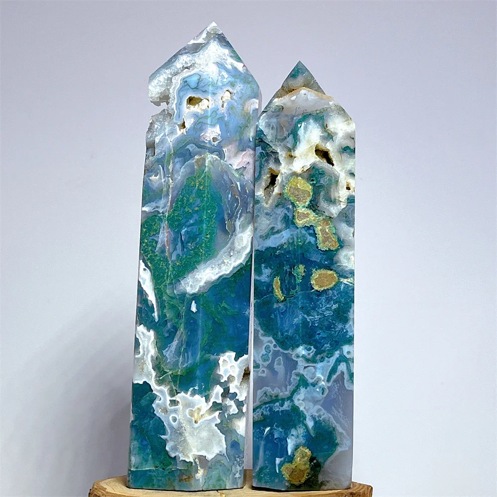 Moss Agate Tower Point Wand  Carving Gemstone Quartz Reiki Chakras Ornaments Energy Healing Gemstones Home Decoraition