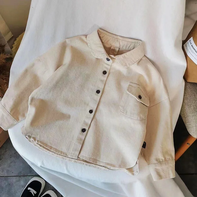 Spring Autumn Children Shirts 1-8Y Boys Cotton Pocket Solid Casual Long Sleeve Tops Korean Toddler Wear For Kids Clothing New