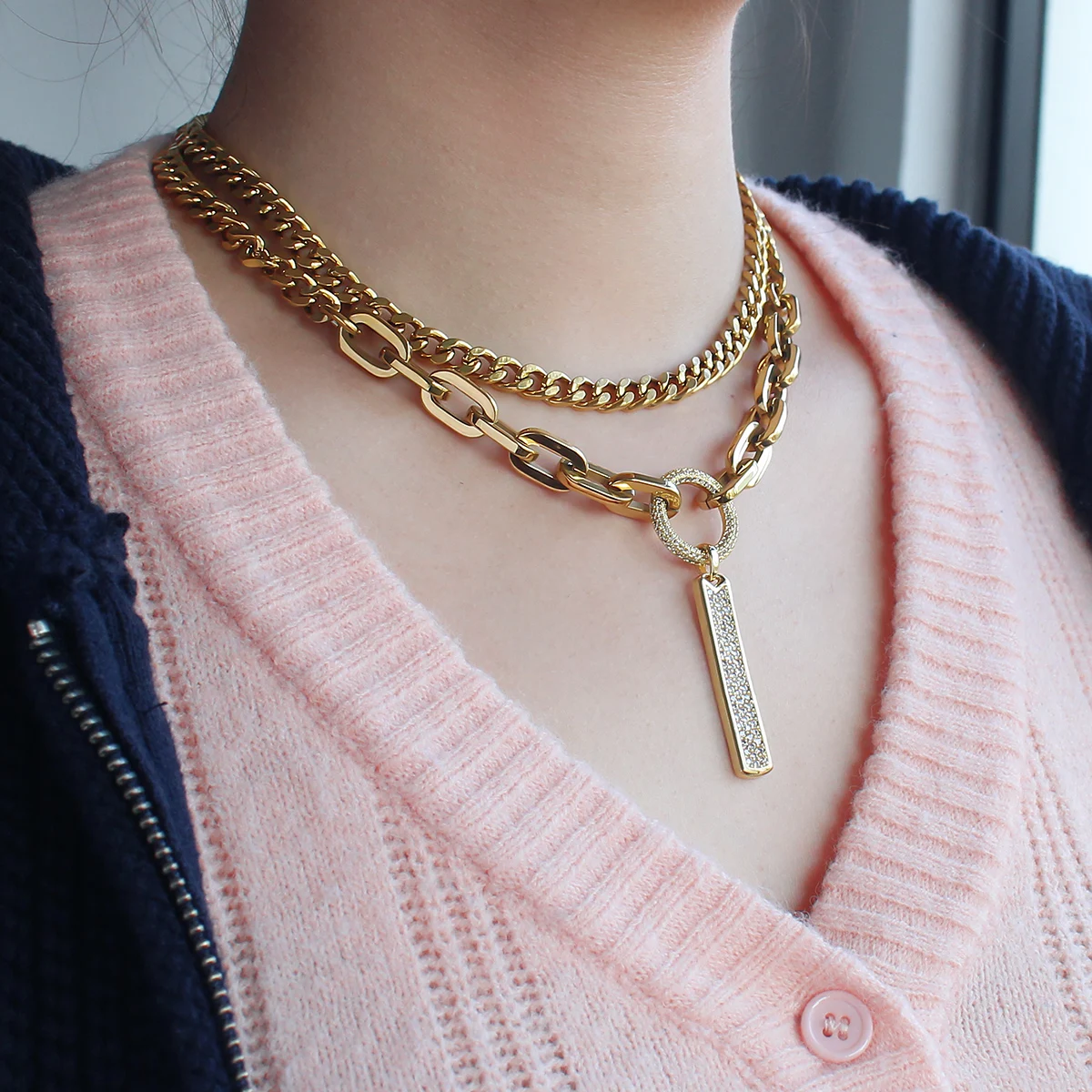 Creative Fashion Multilayer Chain Necklaces for Women Personality Stainless Steel Necklace Set Jewelry