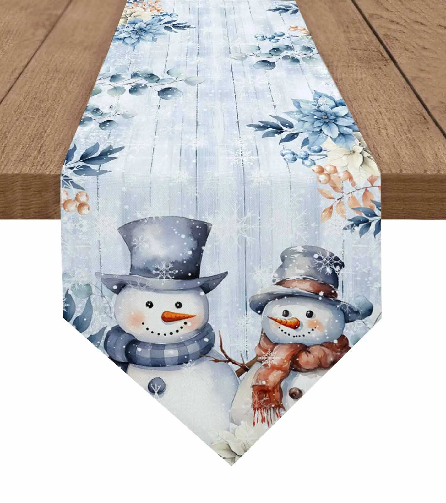 

Blue Wood Grain Snowman Table Runner Cover Cotton Linen Wedding Table Decor Tablecloth Kitchen Decor