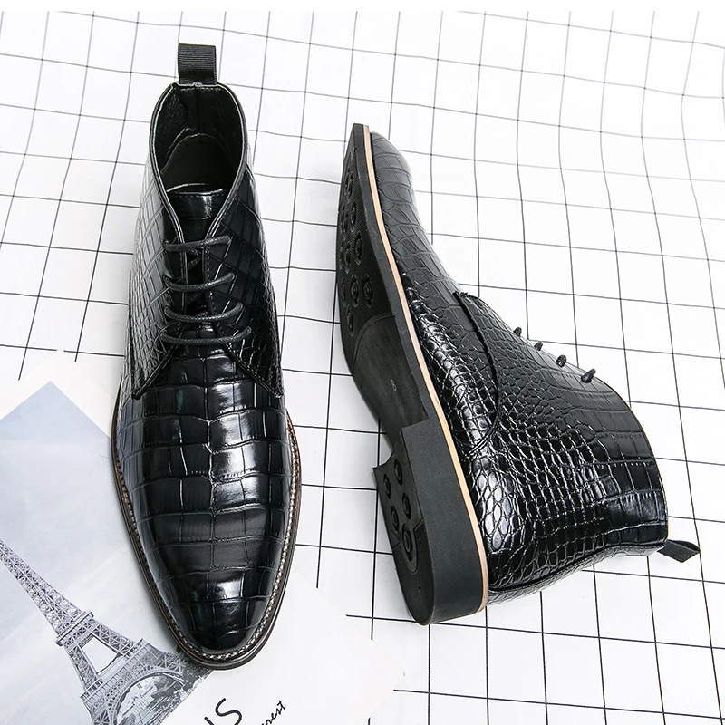 Vintage Men's Crocodile Pattern Chelsea Leather Boots Designer Ankle Boots Fashion Brand Soft Soled Pointed Business Casual Shoe