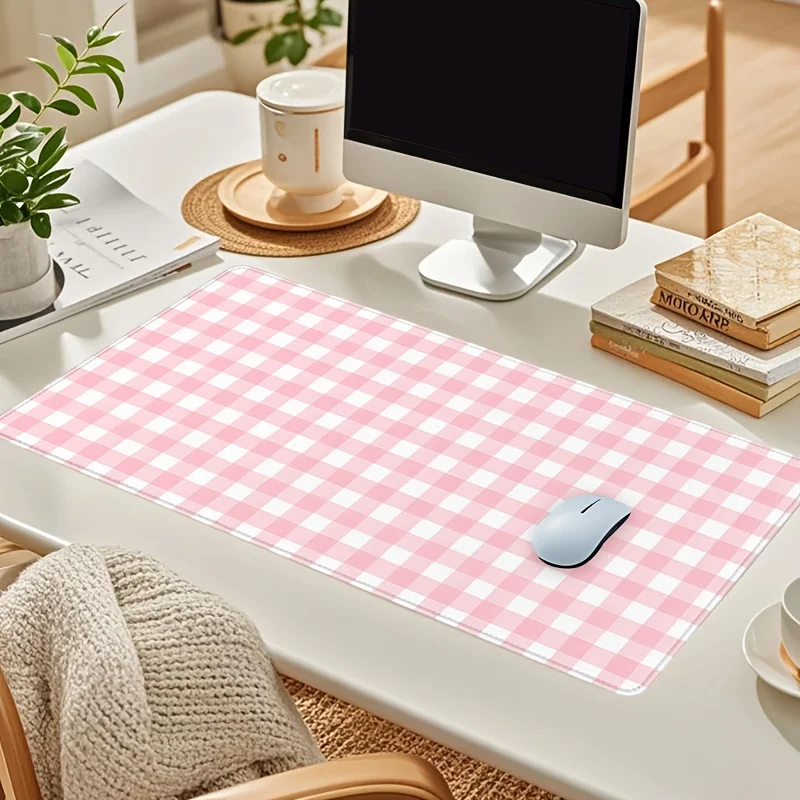 XL Large pink checkered mouse pad 35x16in  non-slip rubber sole sewn edge rectangular table pad, keyboard protection pads Carpet