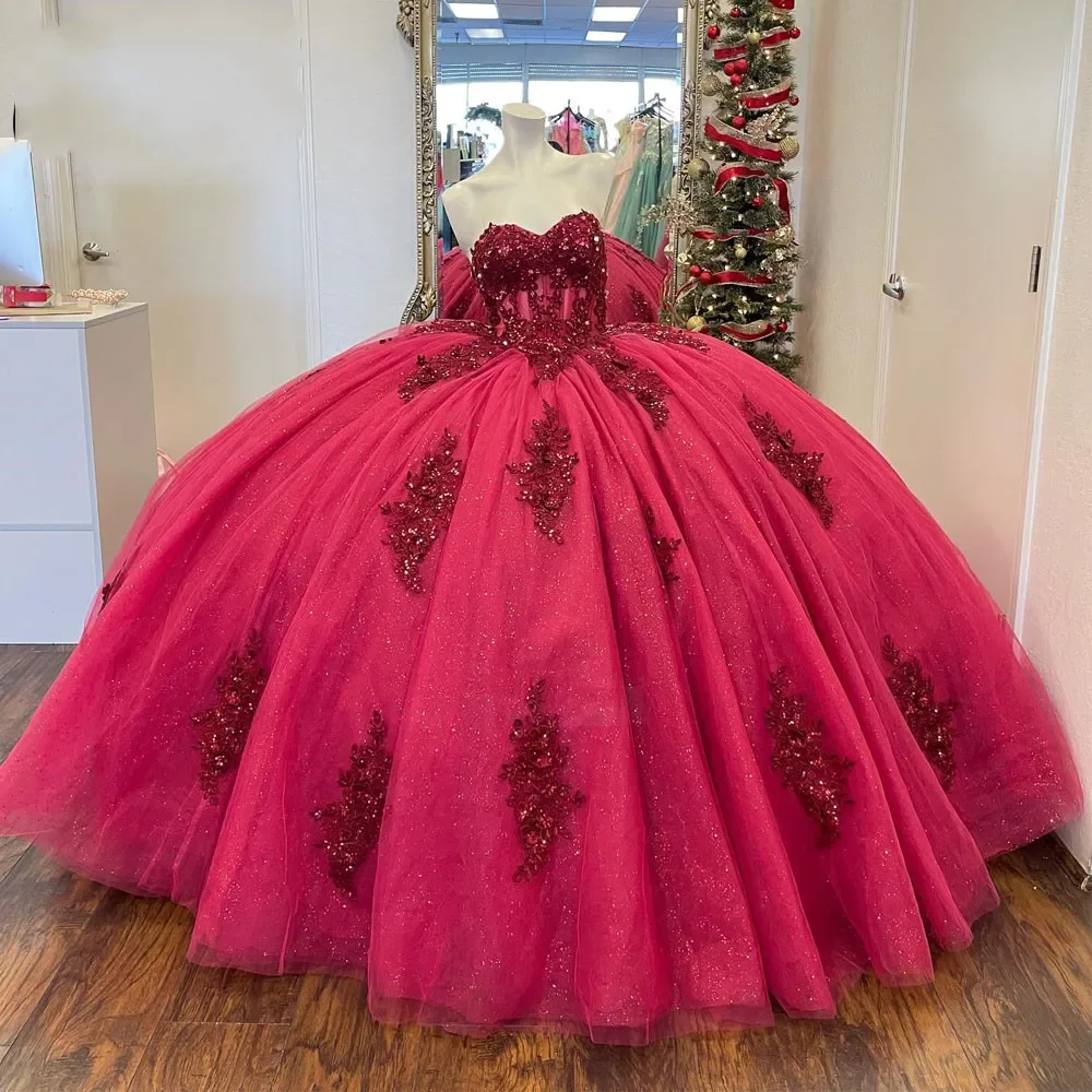 

Angelsbridep Burgundy Sweetheart Crystal Ball Gown Quinceanera Dresses Sleeveless Appliques Lace Sweet 16 Vestidos De XV Años