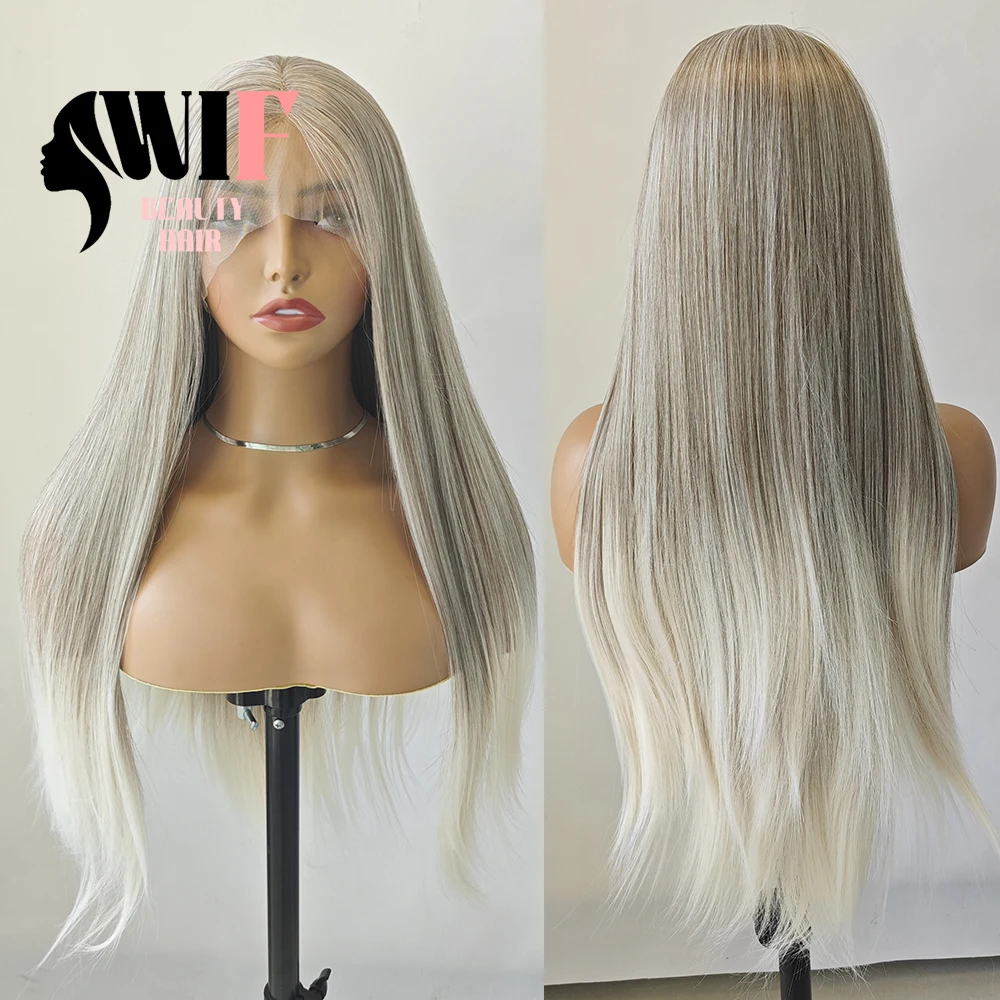 

WIF Platinum Highlight Blonde Synthetic Wig Natural Hairline Heat Fiber Ombre Hair Lace Front Wigs Daily Cosplay Use Silk Hair