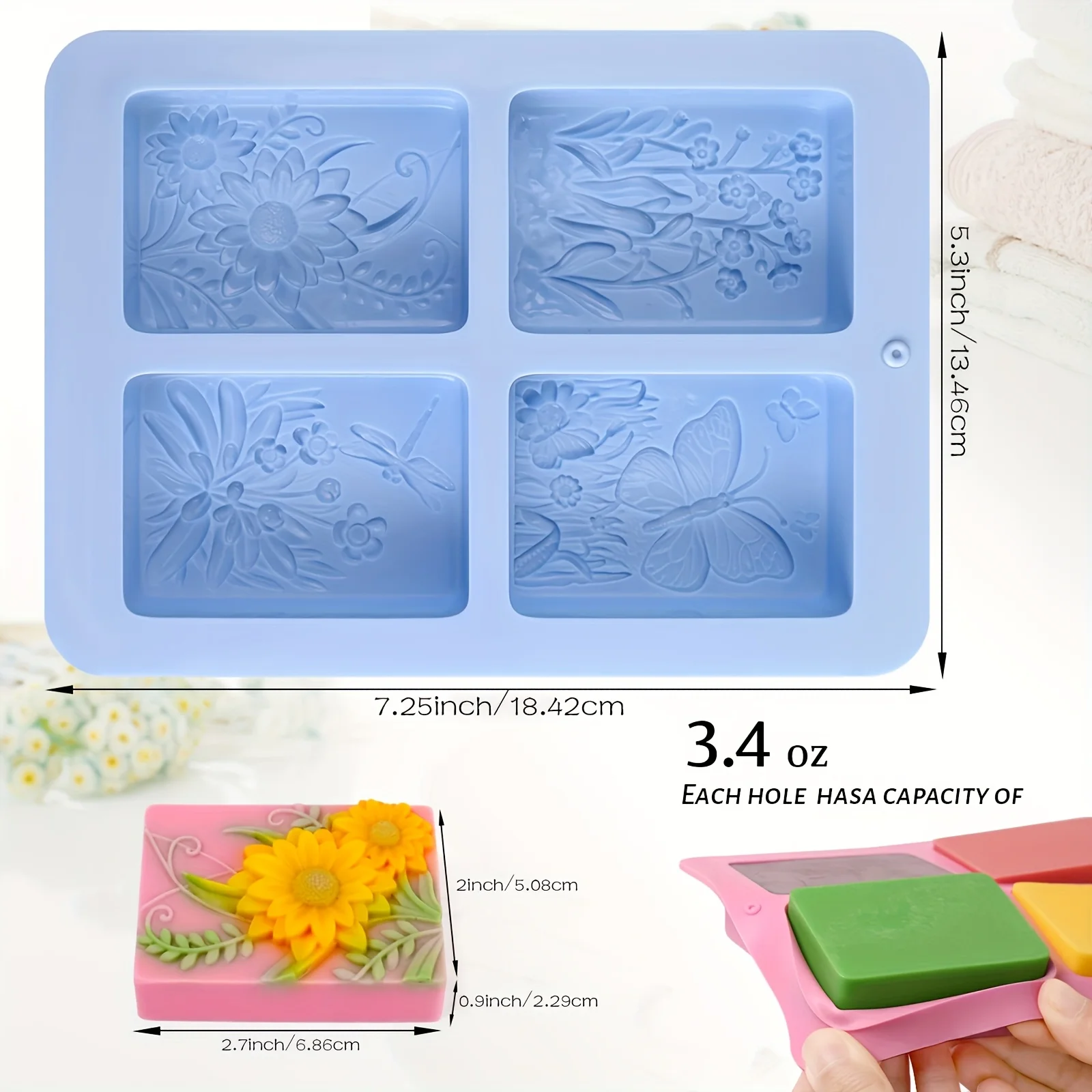 2-piece butterfly flower plant-textured soap mold, 3D rectangular insect flower mold, DIY handmade soap, bath ball, candle - Image 2