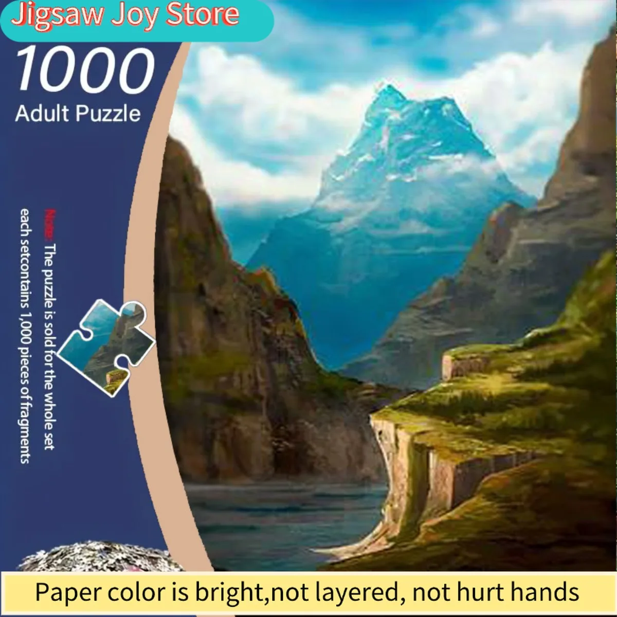 

Пазл для взрослых с изображением голубого неба, заснеженных гор и облаков у входа в пещеру на утёсе. Идеальный